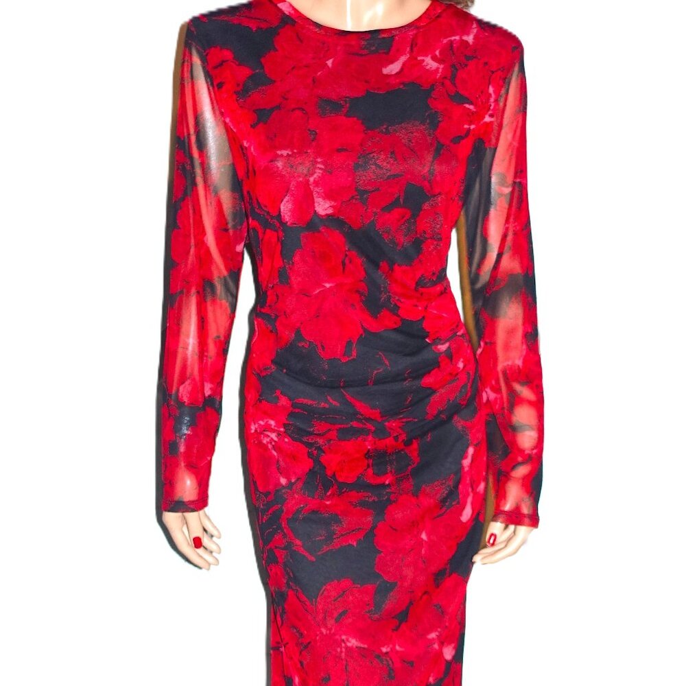 Nine West Red Black Floral Pencil Dress L